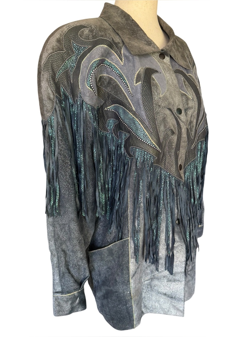 Vintage 80s Roberto Cavalli Fringed Metallic Blue Gray Suede Western Jacket XS - Picture 10 of 16